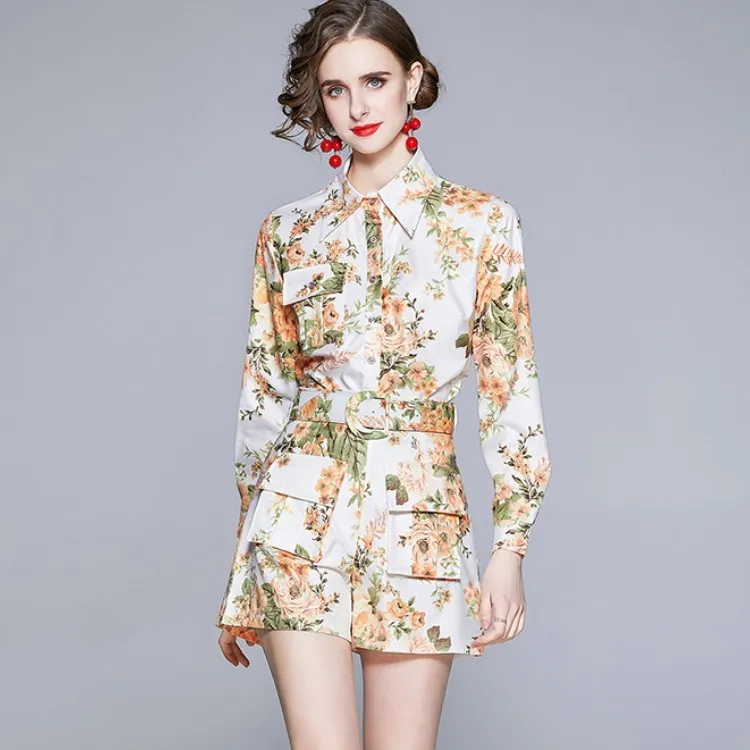 Spring Vintage Two Piece Set Women Casual Flowers Elegant Long Sleeve Blouse Tops + High Waist Pocket Shorts Fashion Suit 210518