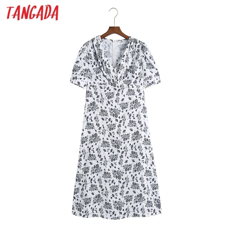 Summer Women Floral Print Elegant V Neck Kortärmad Ladies Midi Dress Vestidos 6Z32 210416