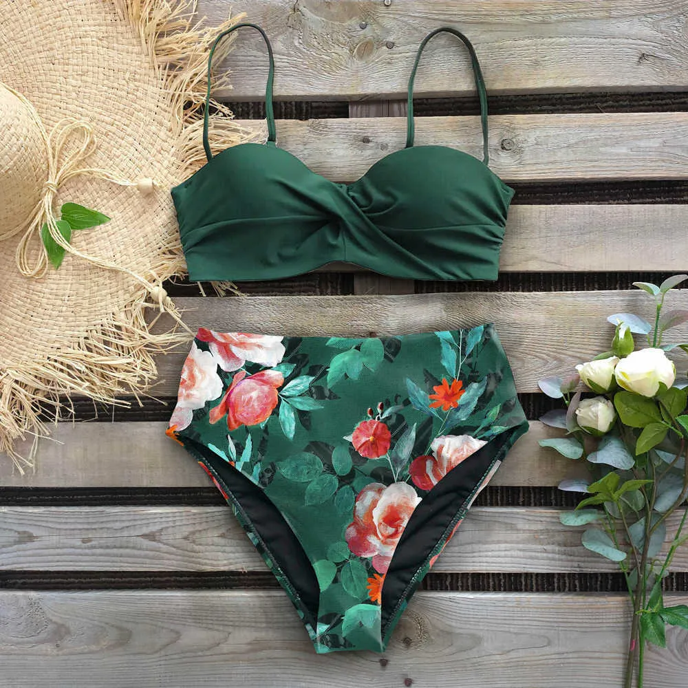 Leaf Print High Waist Push Up Mid Waist Bikini Set Sexy