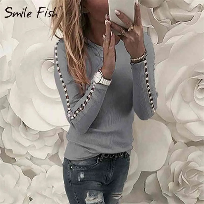 Beading Knitted Ribbed Tshirts Autumn Winter Women T-shirts Hollow Out Long Sleeve Basic Top O-Neck Pearl Casual Tees G1010 210401