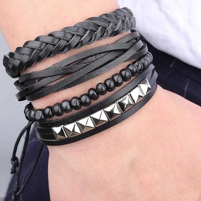 4pcs/lot Leather Braclet Bangles for Men Steam Punk Wood Beaded Chain Bracelets Bangles Homme Wholesale Handmade Jewelry Q0719