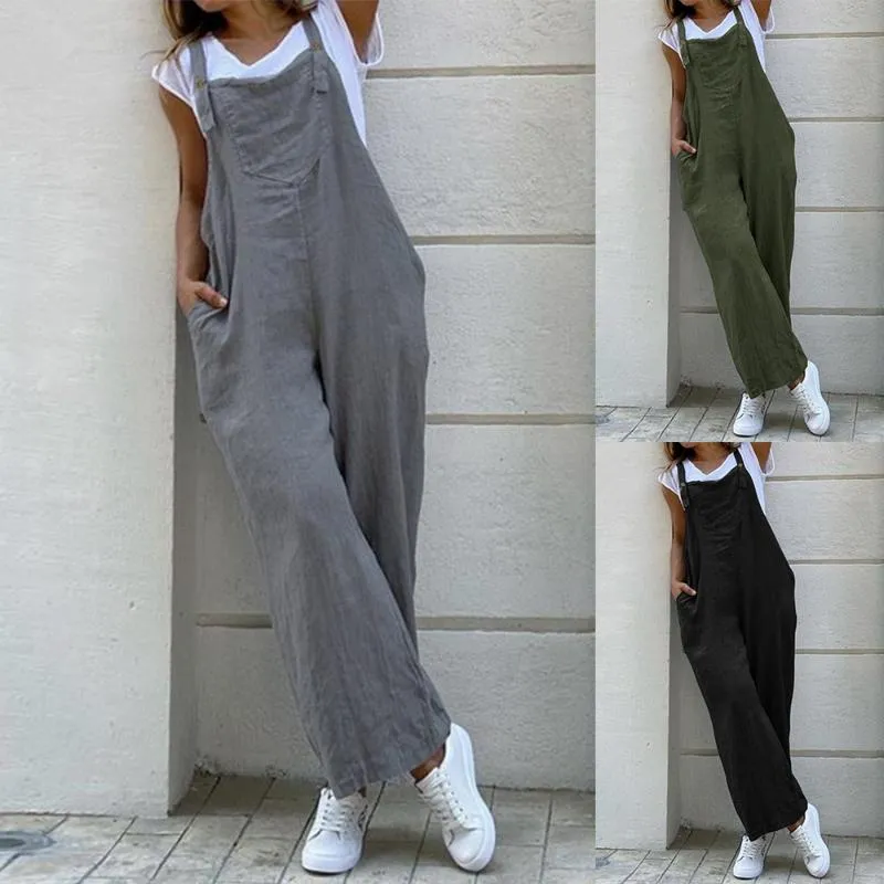 Kvinnor Suspender Rompers Overaller 2021 Vintage Cotton Jumpsuits Playsuits Långfickor Breda Benbyxor Combinaison Oversize Women's