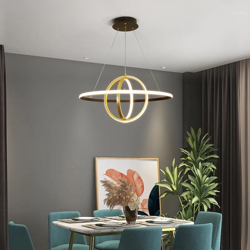 Ledd hänge lampa modern svart guld cirkel ringar hängande belysningsarmaturer för vardagsrum matsal sovrum kök kreativ design