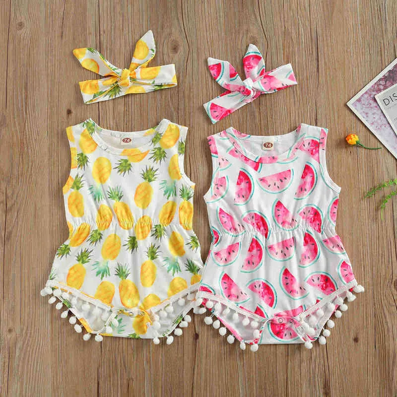 2021 BabyGirl 0-24M Clothing Newborn Baby Girls 2-piece Outfit Set Sleeveless Fruit Tassels Romper+Headband Set for Kids Girls G1221