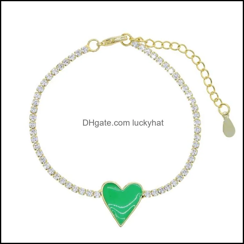 Link, Chain 2021 Summer Heart Charm Jewelry Gold Color 7 Colorful Neon Enamel 5A Cubic Zirconia CZ 2MM Tennis Bangle Bracelet