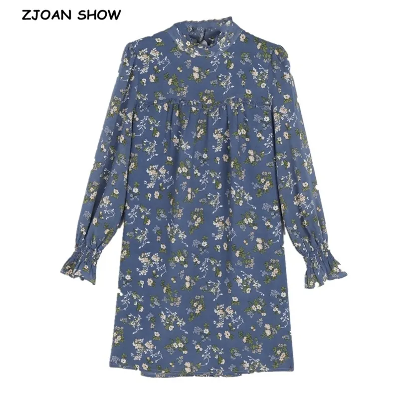 Kvinnor Boho Blue Flower Print Shirt Klänning Sexiga Dam Ruffles Krage Långärmad Lös Rak Mini Korta Klänningar 210429