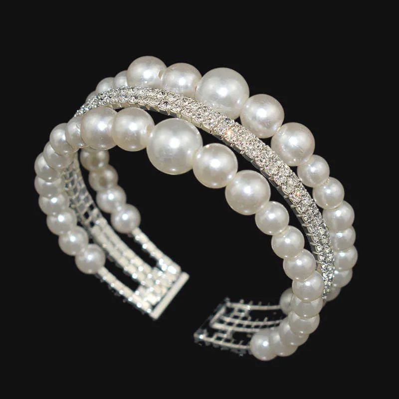 Brazaletes elegantes de moda para mujer/niña chapados en plata con perlas y diamantes de imitación, pulseras de cristal, brazaletes, regalo de joyería Q0719