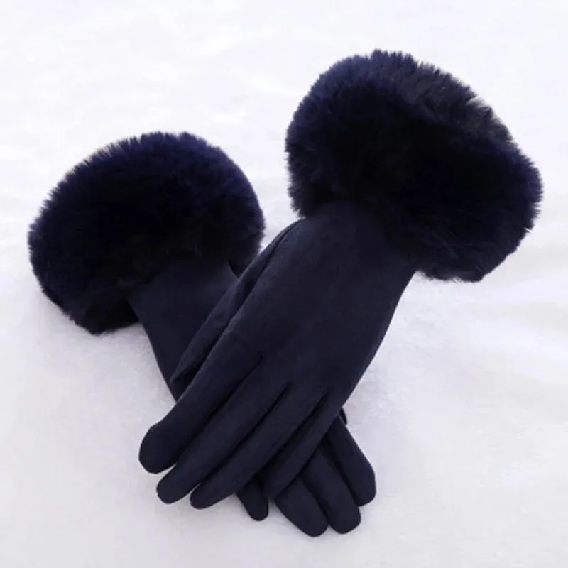 Fünf Fingern Handschuhe weibliche Faux Rabit Pelz Wildleder Touchscreen Fahren Handschuh Winter Warm Plüsch Dicke Stickerei Voll Finger Radfahren MI