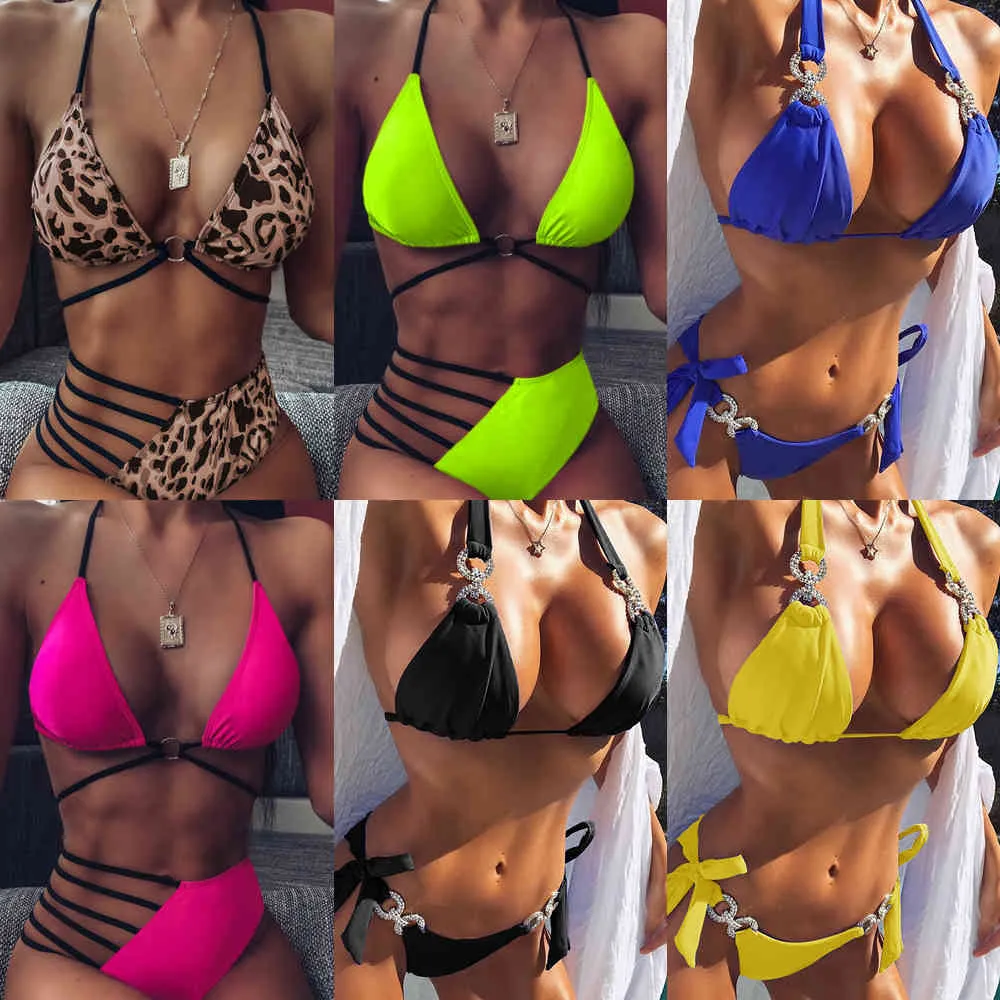 2021 Nouvelles femmes Diamond Bikini Halter Maillot de bain Bandage Maillots de bain Femmes Maillot de bain séparé Femme Beach Bikini Set Taille basseX0523