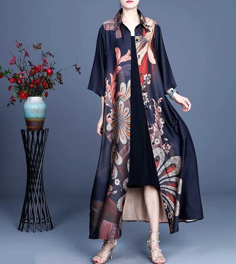 Spring and Summer Fashion Casual Loose Female Cardigan Jacket Printing Retro Long Elegant Temperament 210615