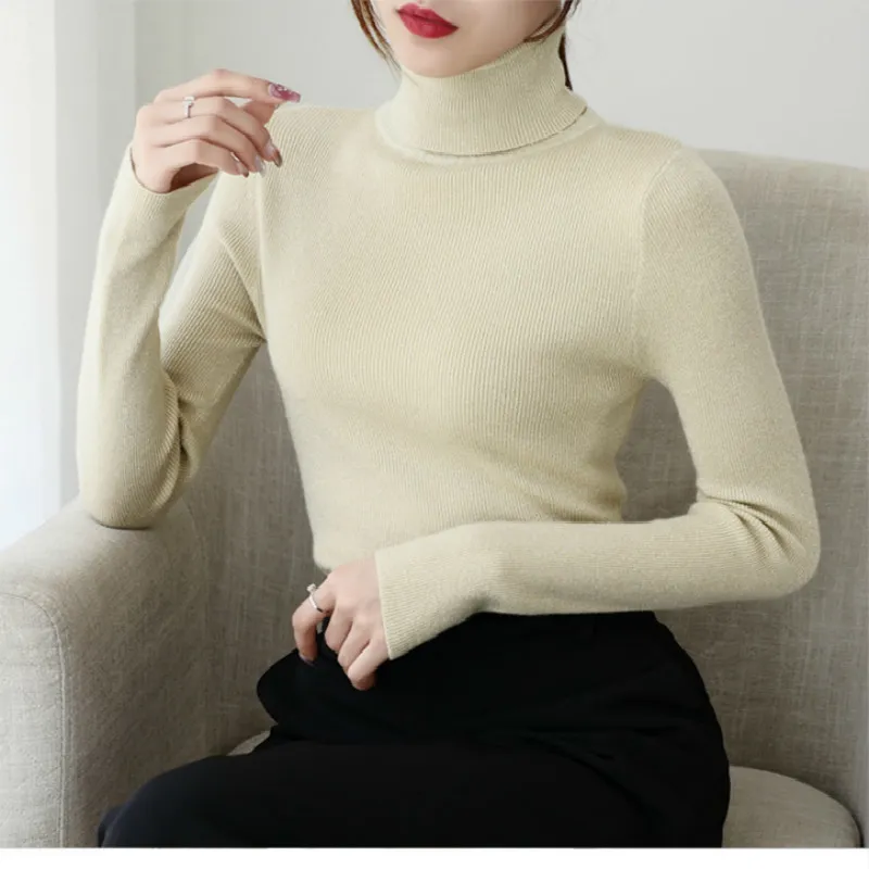 Versione coreana della camicia a maniche lunghe di colore puro camicia della maglia della tartaruga della ragazza del collo della torta della ragazza del collo alto in autunno inverno 7231 50 210508