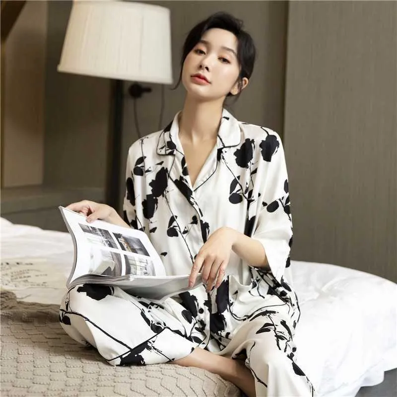 Satin Women Sleepwear Print Flower Pyjamas Casual Pajamas Set Lounge Wear 2PCS Shirt&Pants Nightwear Intimate Lingerie Q0706