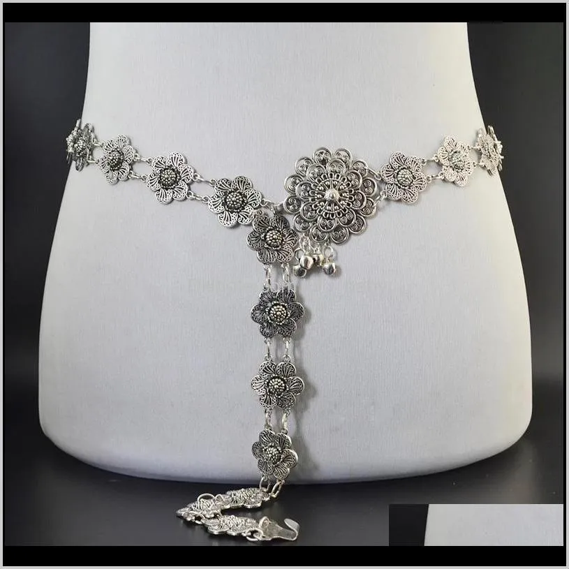 bohemian vintage silver tassel flower bells body chain for women beach indian ethnic dance waist chain jewelry