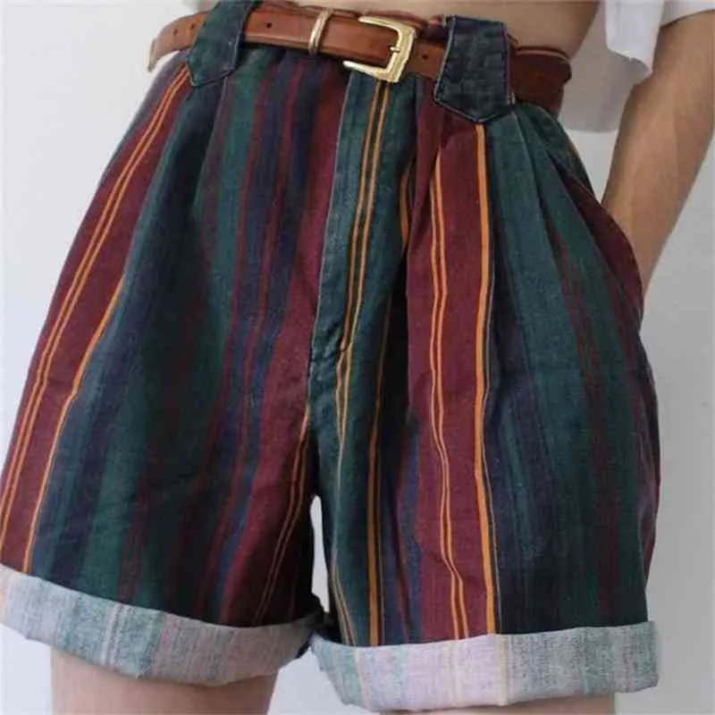 Femmes Vintage rayé Shorts pantalon dame taille haute sertissage mince fille Streetwear femme rayure étudiants mode 210722