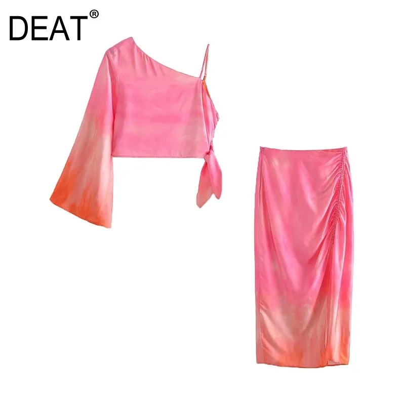 [DEAT] Summer Fashion Asymmetric Collar Tie Dye Tops High Waist Folds Skirts Personality Women Two-piece Suit 13Q379 210527