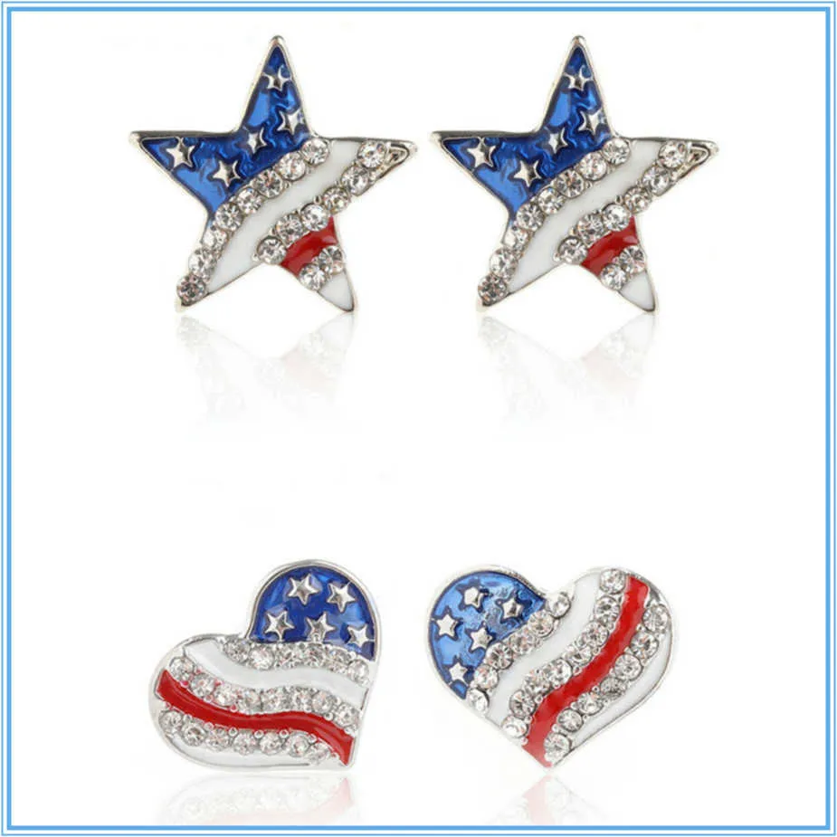 Nowe Serce Crystal Ear Studs Moda Star Kształt Flaga Amerykańska Kolczyki Dla Kobiet Patriotyczne Biżuteria Pendientes Oorbellen Q0709