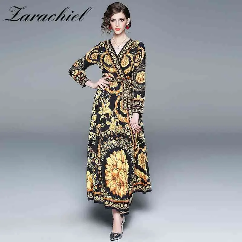 Runway Barock Pattern Kimono Belt Sundress V Neck Sleeve Blomstryck Gyllene Lång Maxi Klänning Sexiga Split Wrap Klänningar 210416