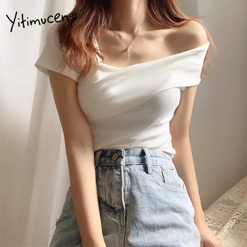 Yitimuceng Nieregularne koszulki TH Woman Bare Ramię Skinny Slash Neck Tees White Black Orange Tops Lato Moda Tshirts 210601