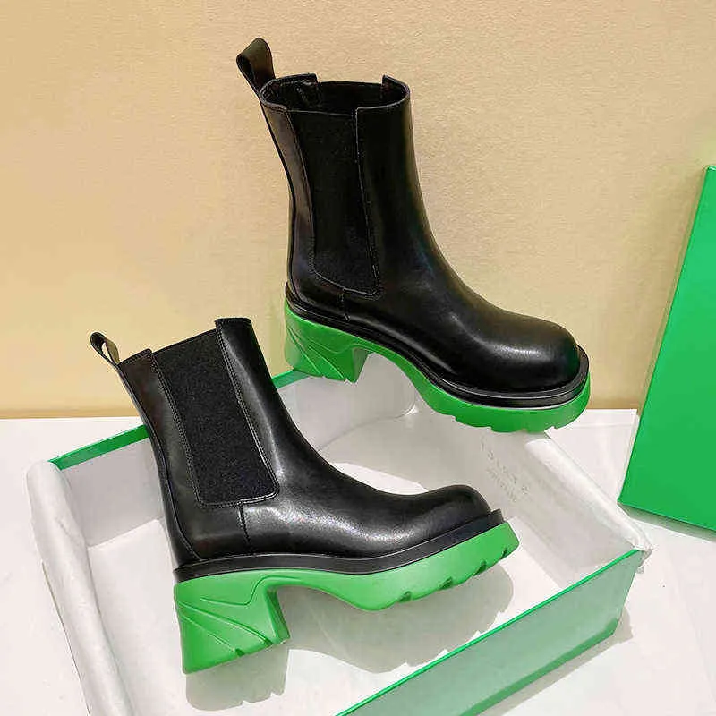 Сапоги женские новые модные подошвы толстые каблуки Черно -зеленый розовый кожаный высокий каблук Челси Туфанки 1119