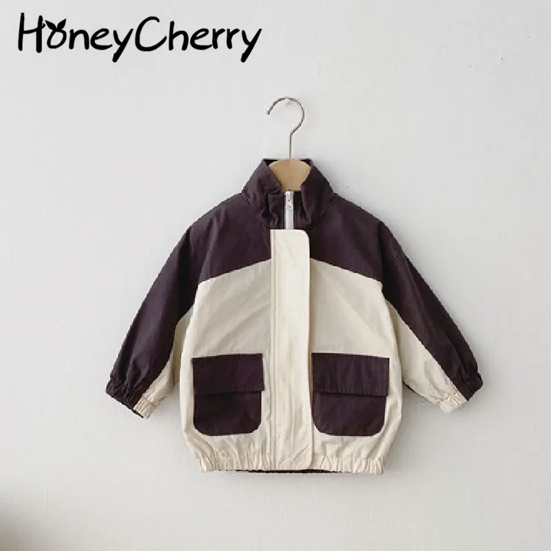 spring Korean version of the hit color stitching loose pullover jacket baby collar boy clothes 210515