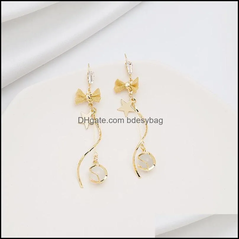 Stud Korean Version Of The Small  And Long Temperament Cat Eyes Sweet Bow-shaped Tassel Earrings