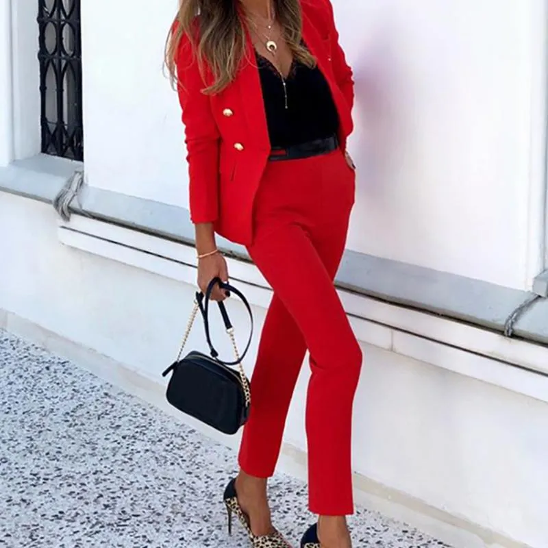 Spring Blazers Two Piece Set Women Casual Notched Long Sleeve Coat+Pencil Pant Office Business Tracksuit Outfits Women's Suits &