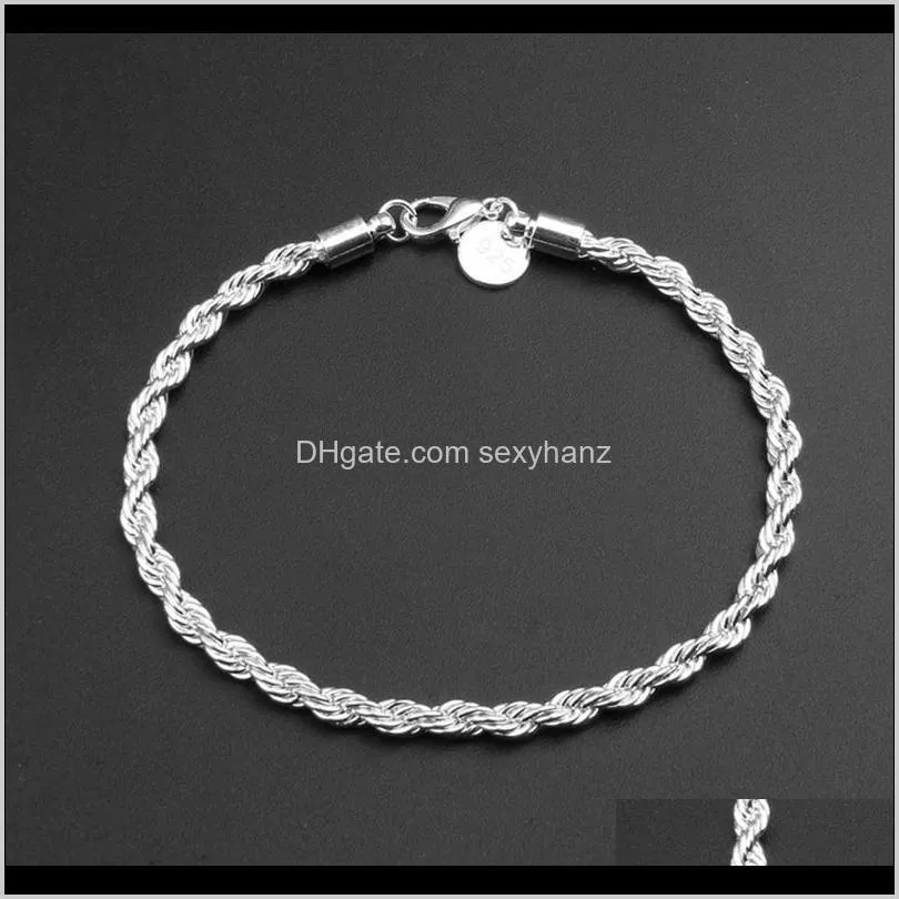 4mm 925 silver plated twist rope chain bracelets for women men wedding party bracelet european charms bracelets fit murano beads