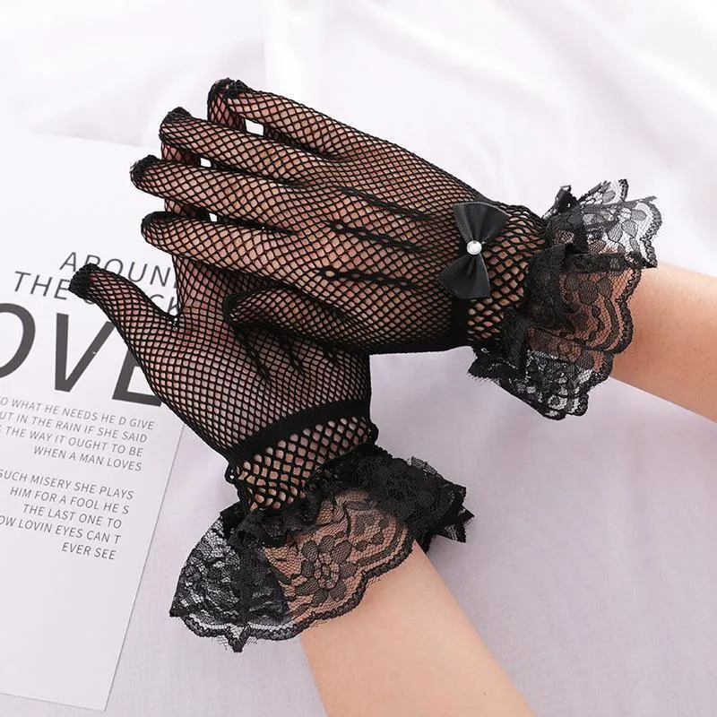 Five Fingers Gloves Women Lace Mesh Ladies White Wrist Large Bow Knot Marriage Glove Party Cosplay Accessories Short Tulle