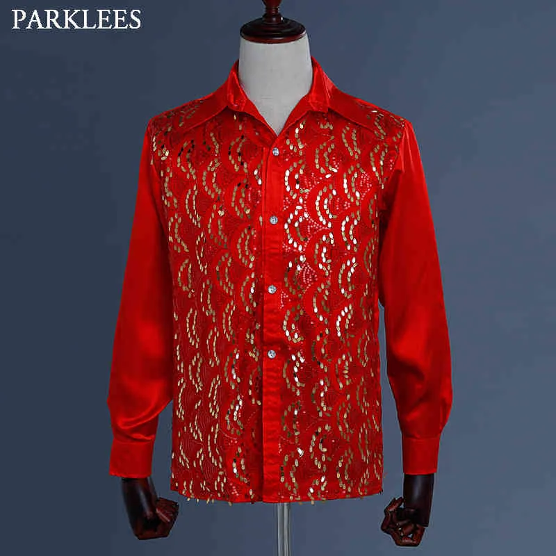 赤い絹のサテンの男性シャツのスパンコールの結婚式のパーティーの男性のドレスシャツのディスコのステージダンサーの男性長袖ファッションパッチワークシャツメンズ210524
