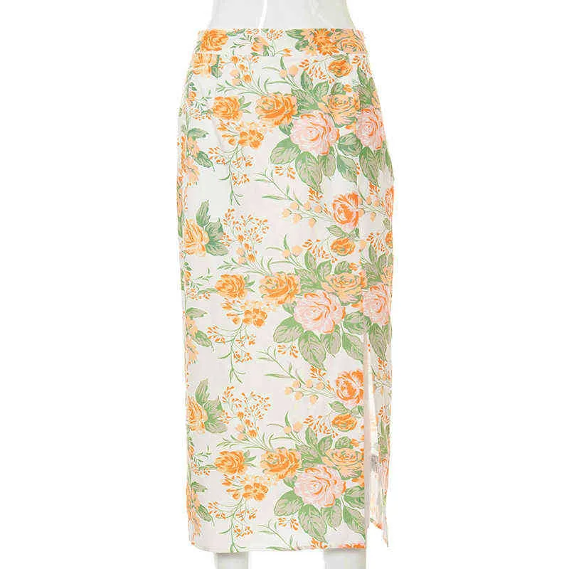 Y2K Vintage Floral Print Maxi Midi Skirt With Slit With Slit