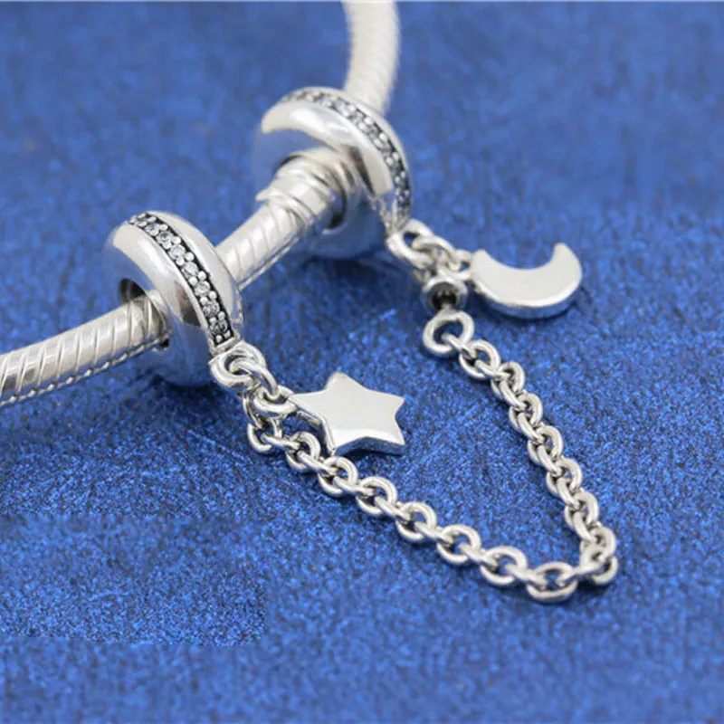 925 Sterling Silver Moon and Star Safety Chain Charm Fits European Pandora Style Jewelry Bead Bracelets