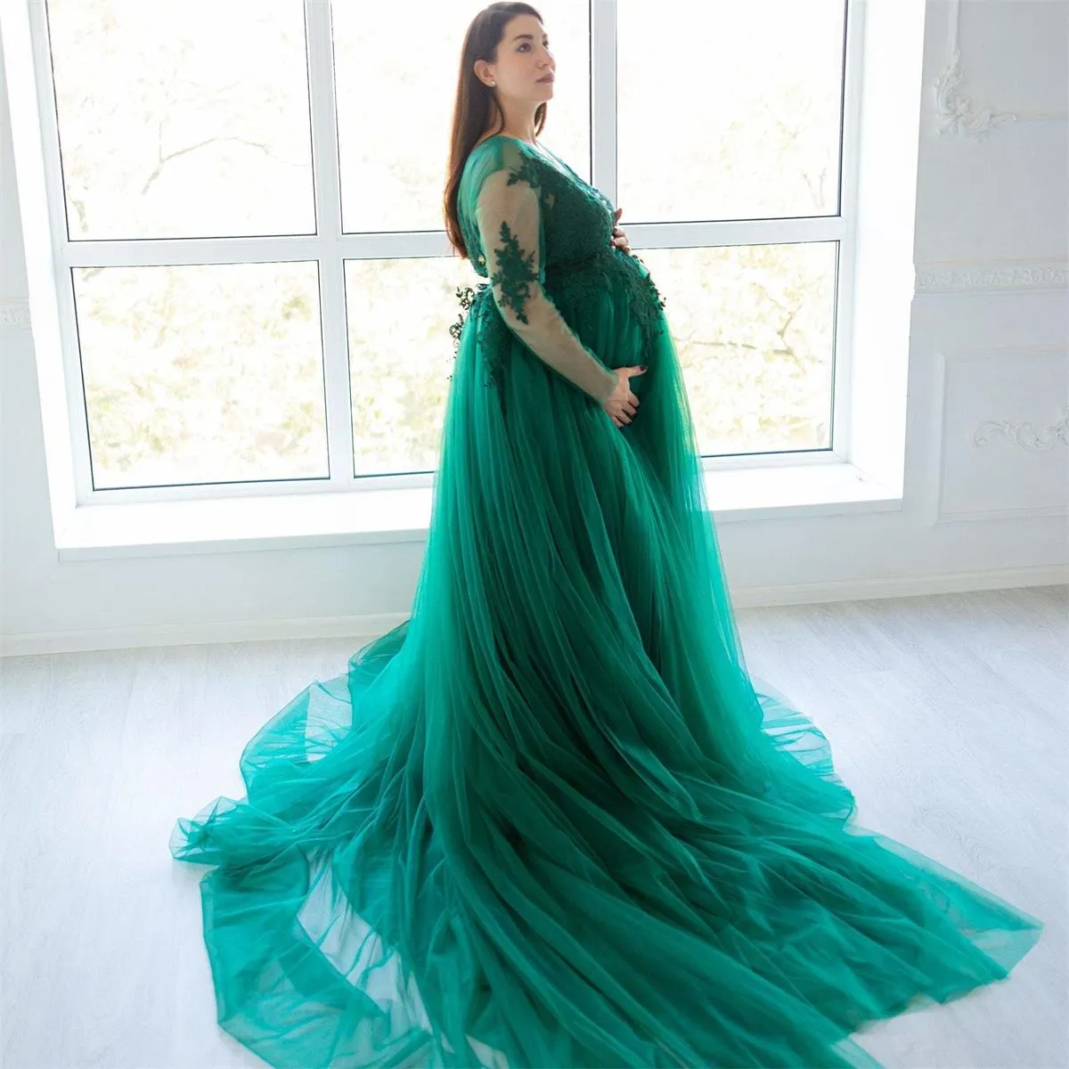 Sheer Long Tulle Maternity Photoshoot Gown with Lace Appliques