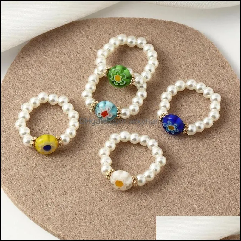 Wedding Rings Personalized Adjustable Beaded Pearl Ring Colorful Glass Bead Flower Jewelry Accessories For Female Gifts 5 Pieces