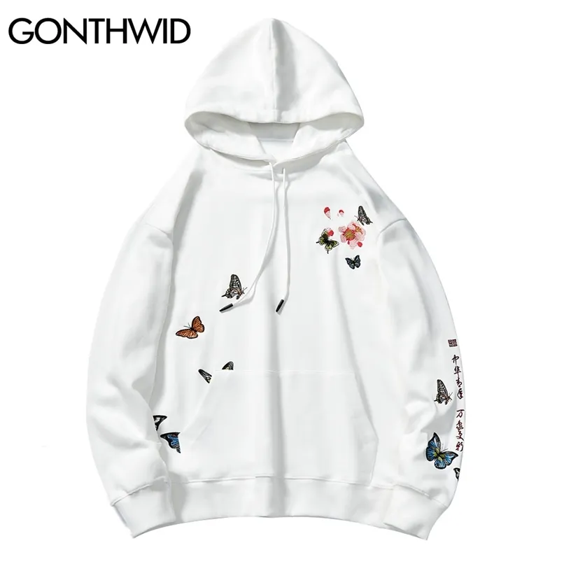 Gonthwid 중국 스타일 자수 나비 꽃 스웨터 스웨터 Hoodies Streetwear Harajuku 힙합 캐주얼 풀오버 후드 탑 210813