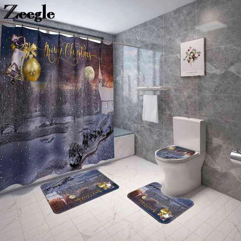 4pcs Christmas Bathroom Carpet Snow Printing Carpet Toilet Seat Cover Mat Europe Bathroom Non-slip Mat Set Bath Rug