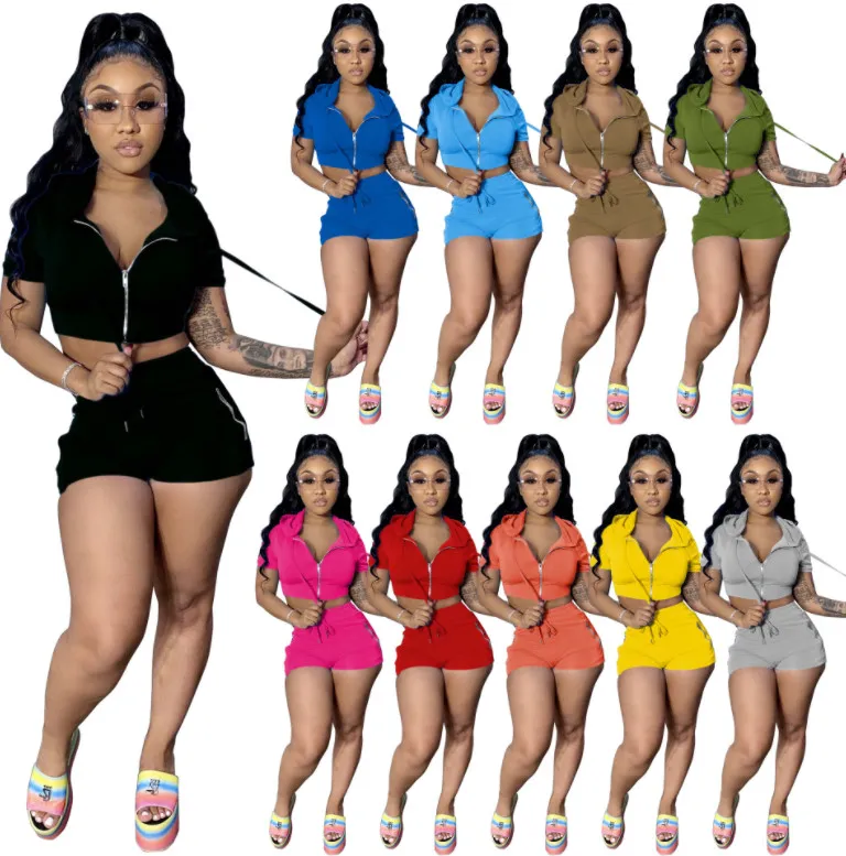 Tenues d'été Jogger Costumes Femmes Survêtements Vêtements solides Veste à capuche à manches courtes + short Ensemble deux pièces Casual Survêtements noirs DHL 5222