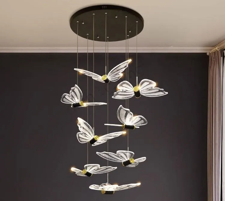 Modern LED-ljuskrona Butterfly Stairlampa Nordic Duplex Attic Long Line Lamp Villa Lägenhet Restaurang Inomhusbelysning Ljus