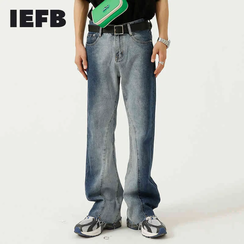 IEFB мужская корейская тенденция контрастность цветовой галстуки градиент микро трубы повседневные джинсы для мужчин старинные уличные брюки 210524