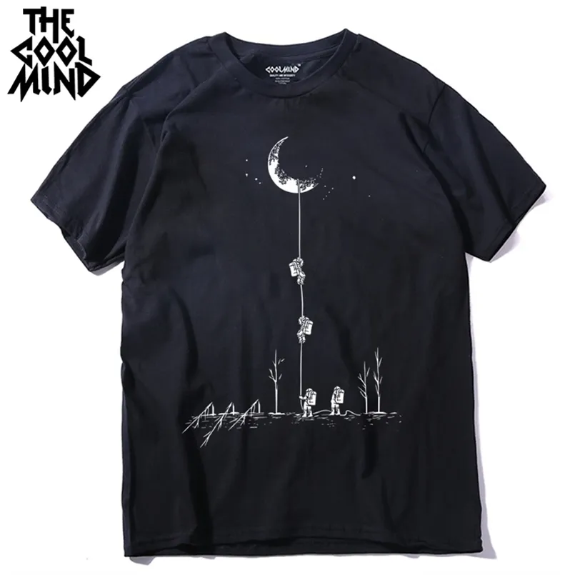 Coolmind Mo0120A Bomull Casual Short Sleeve Moon Theam Men T Shirt O-Neck Strikkad Bekväm Fabric Street Style T-shirt 210714