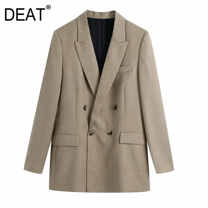 [DEAT] Fashion Spring Autumn Long Sleeve Solid Color Double Breasted V-neck Pockets Loose Blazer Women 13C278 210527