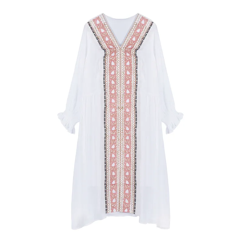Женщины Белый V-образным вырезом Богемский вышивка фонарь с длинным рукавом Empire Holiday MIDI платье весна Летний индиный фолк D2489 210514