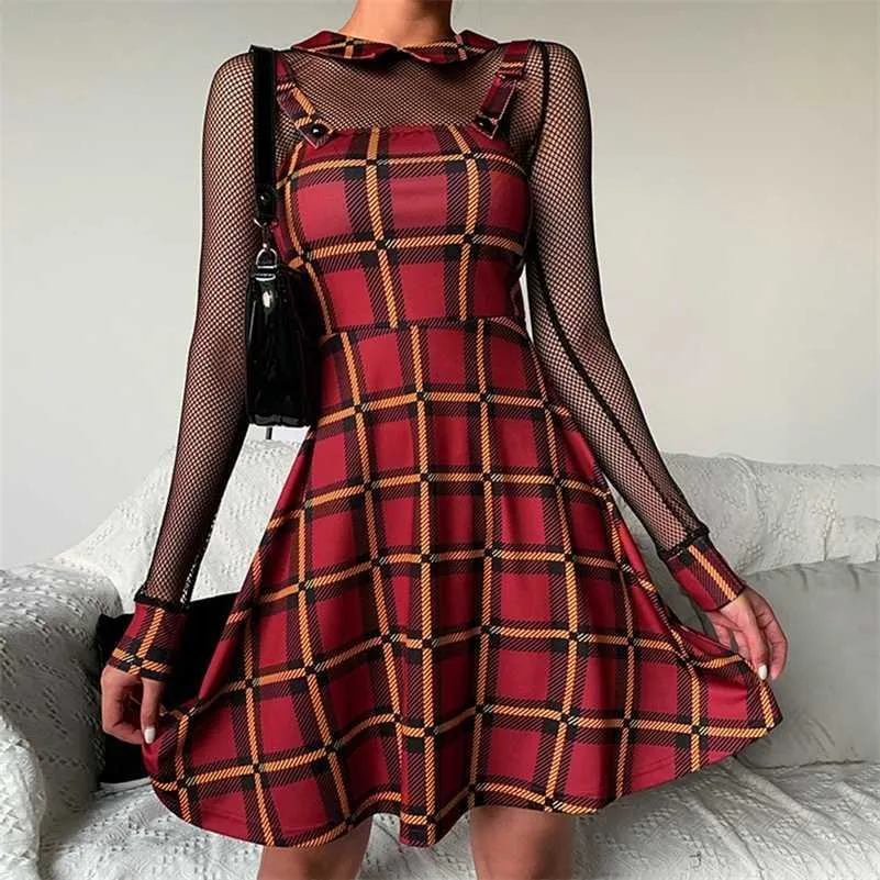 Rosetic Gothic Red Plaid Dress Women Spaghetti Strap Spring Summer