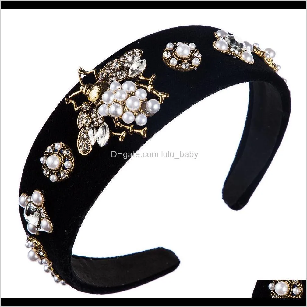 baroque wind hairband women`s pearl bee wide-edge gold velvet headband