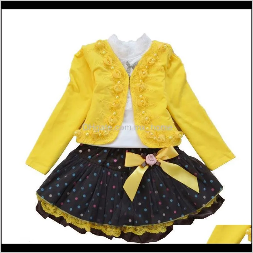 three-piece girls overskirt knitted dress kids clothing sets long sleeve coat skirts rose lace short dress 3-10t