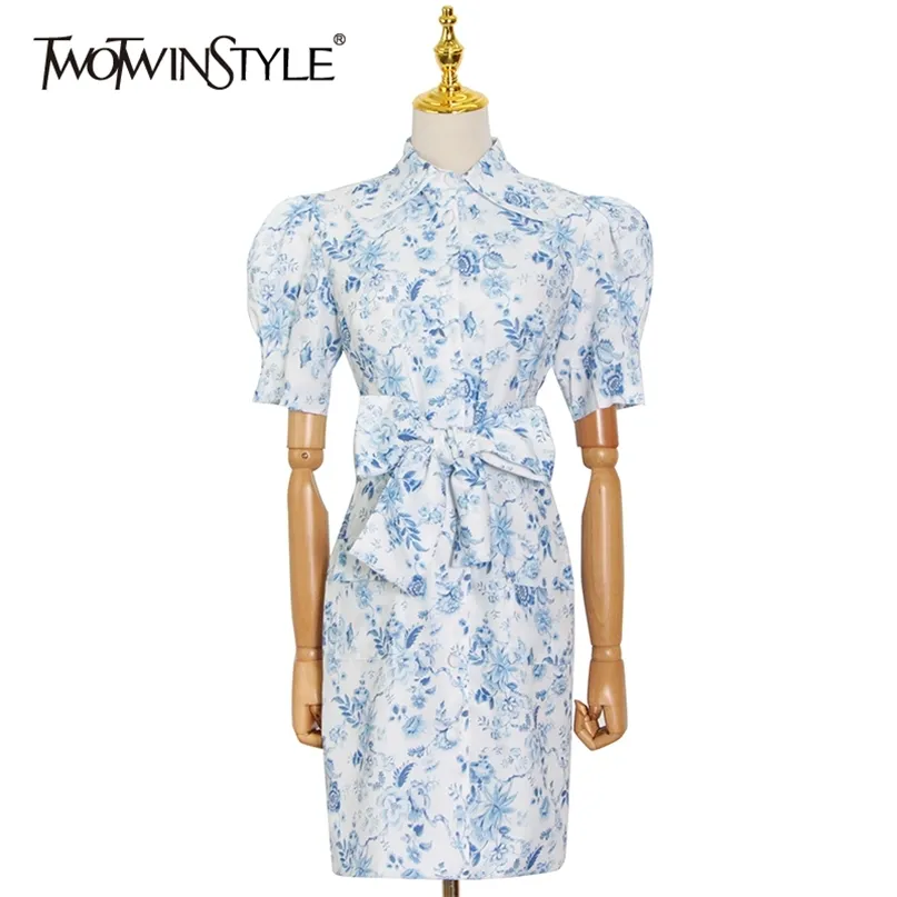 Robe d'impression élégante pour femmes revers manches courtes patchwork bowknot tunique mini robes femme mode d'été 210520