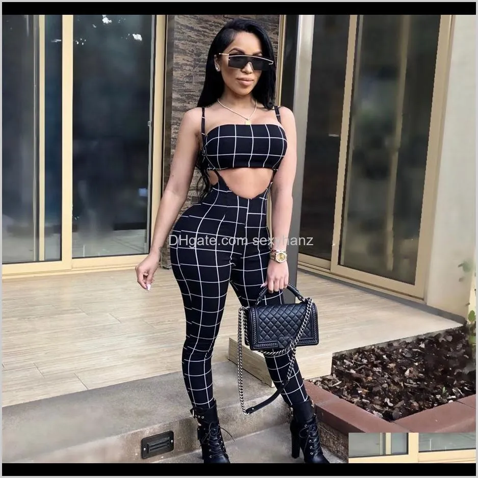 black white plaid sexy jumpsuit 2018 summer overalls two piece set crop top spaghetti strap rompers womens jumpsuit s-2xl