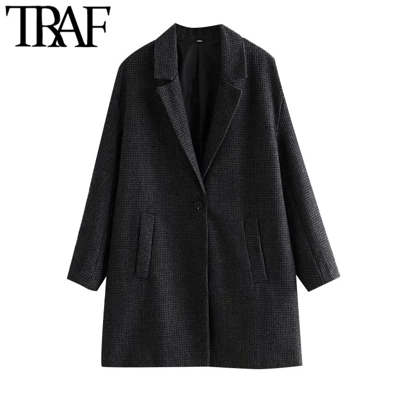 TRAF Women Fashion Single Button Loose Check Woolen Coat Vintage Långärmad Ryggventiler Kvinnlig Ytterkläder Chic Overcoat 210415