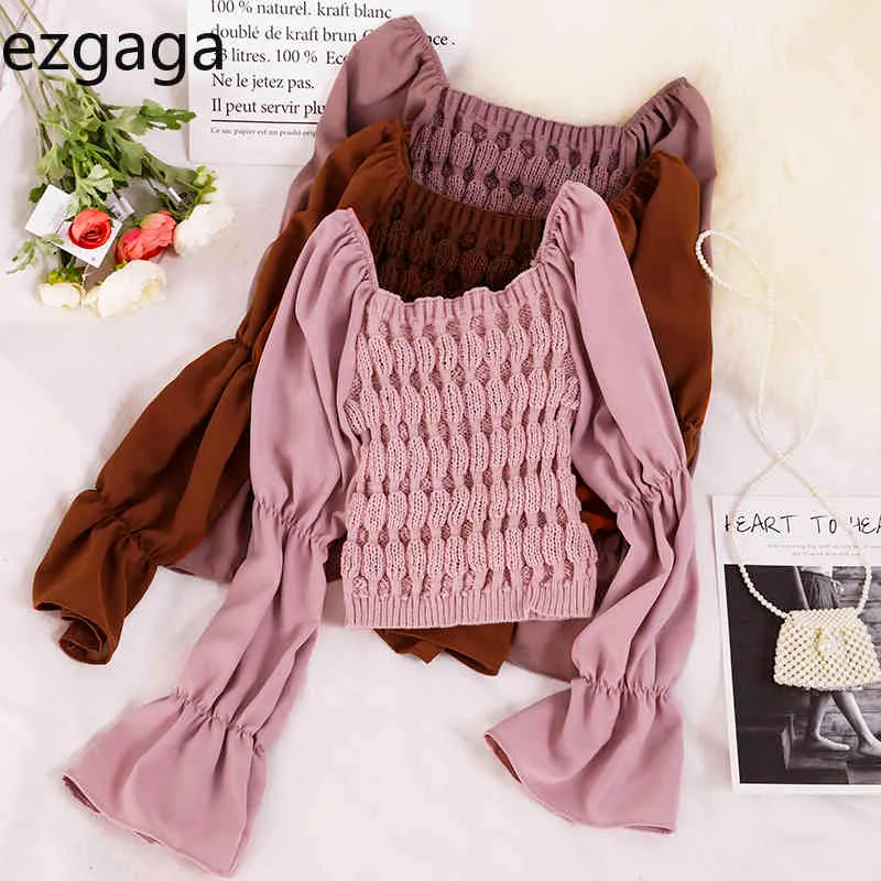 Ezgaga Women Knitted Sweater Autumn New Fashion Female Solid Square Collar Ruffles Flare Sleeve Short Outwear Elegant Chic 210430