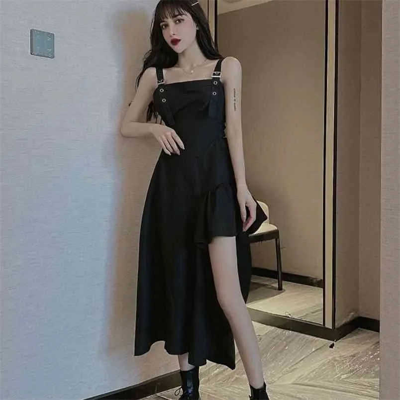 Japansk stil Kvinnor Streetwear Oregelbundna Suspenders Black Bandage Dress Ärmlös Elegant Casual Slim 210519