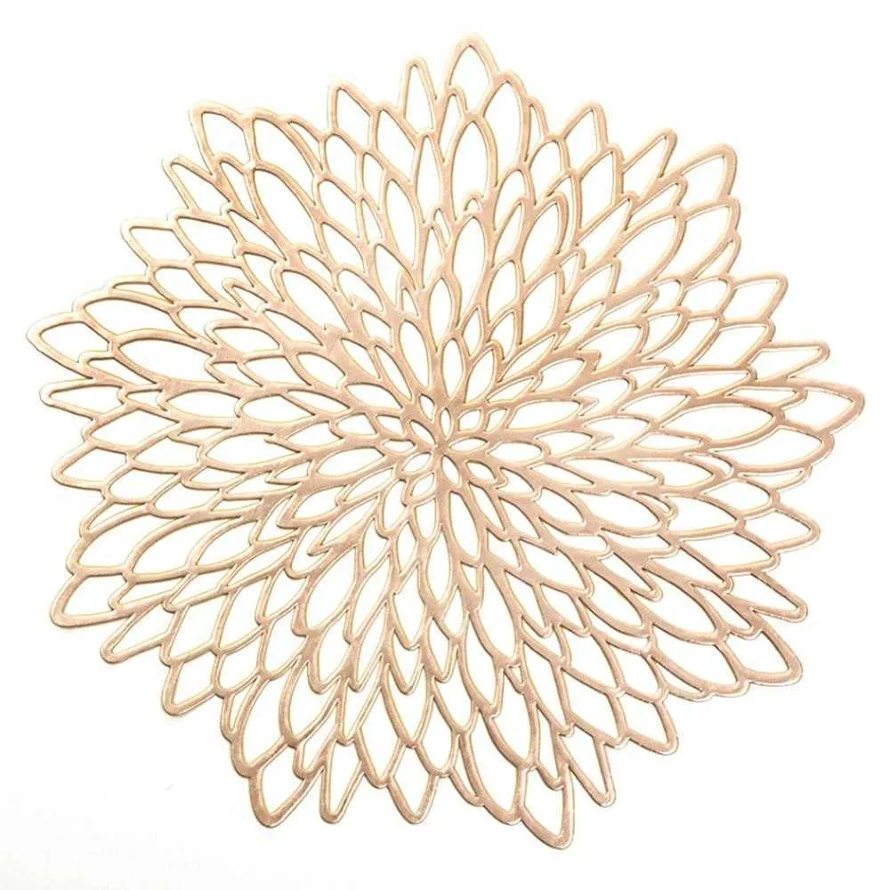 4/6/8Pcs Gold Silver PVC Placemat Dining 38CM Table Mat Washable Wedding Party Packs Flower Design Coaster Decorative Table Pad 210706